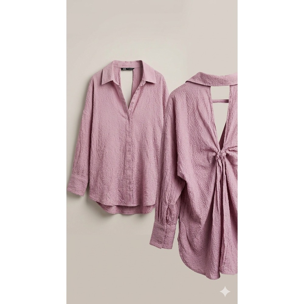 Zara Pink Textured Open Back Knot Detail Button Down Shirt Blouse Womens XL